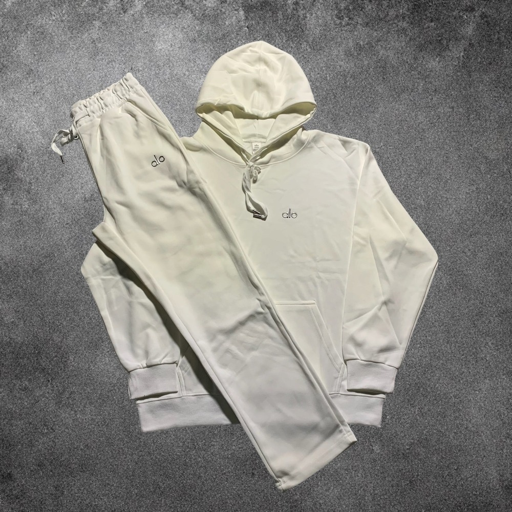 Alo Yoga Accolade Hoodie Sweatpants Set Large Ivory Cream Athleisure Tracksuit